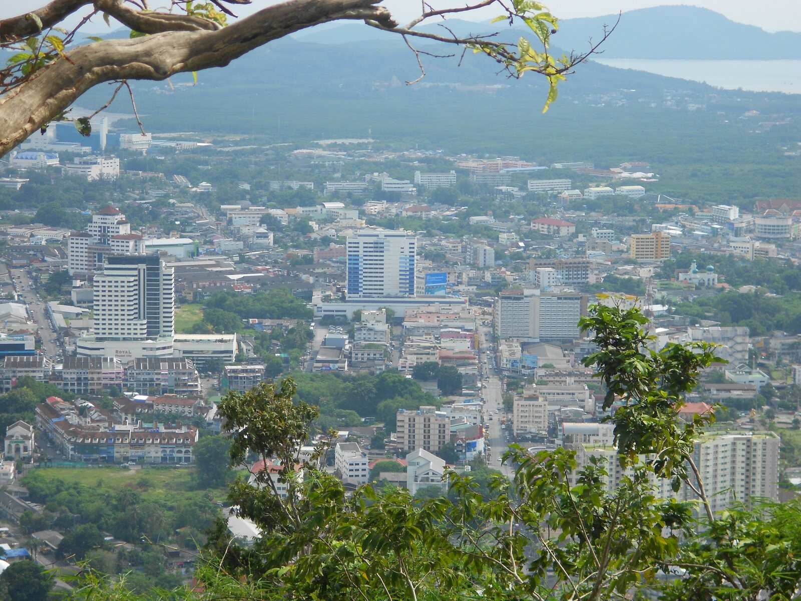 Phuket Town seen from above, the old quarter below the hills