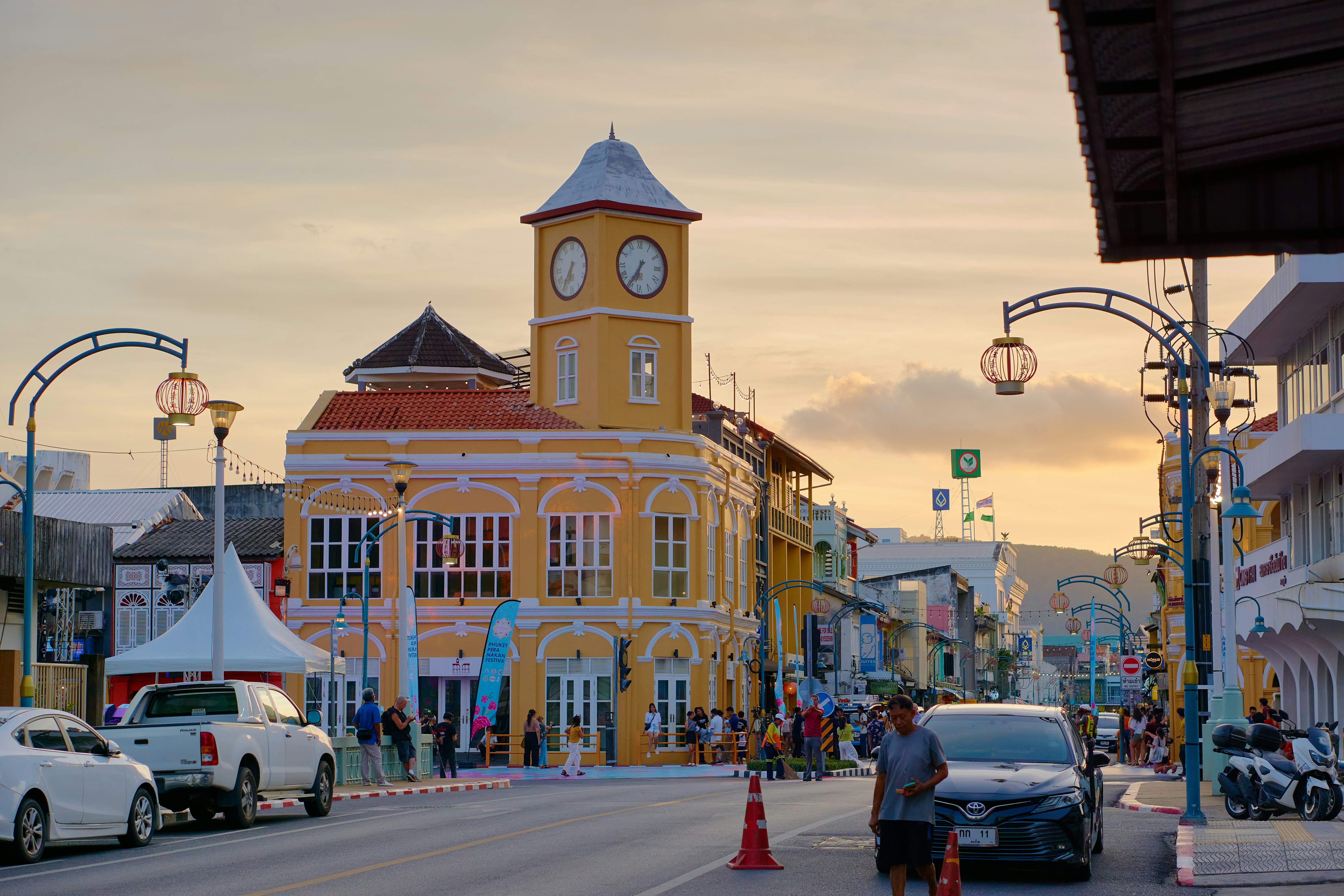 The Sino-Portuguese clocktower building in Old Phuket Town at sunset