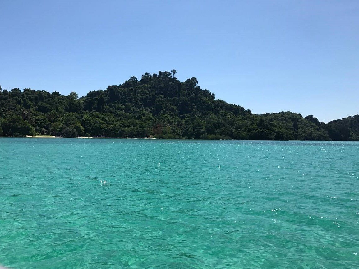 Clear turquoise water and a jungle-covered island seen from sea level, Trang Islands
