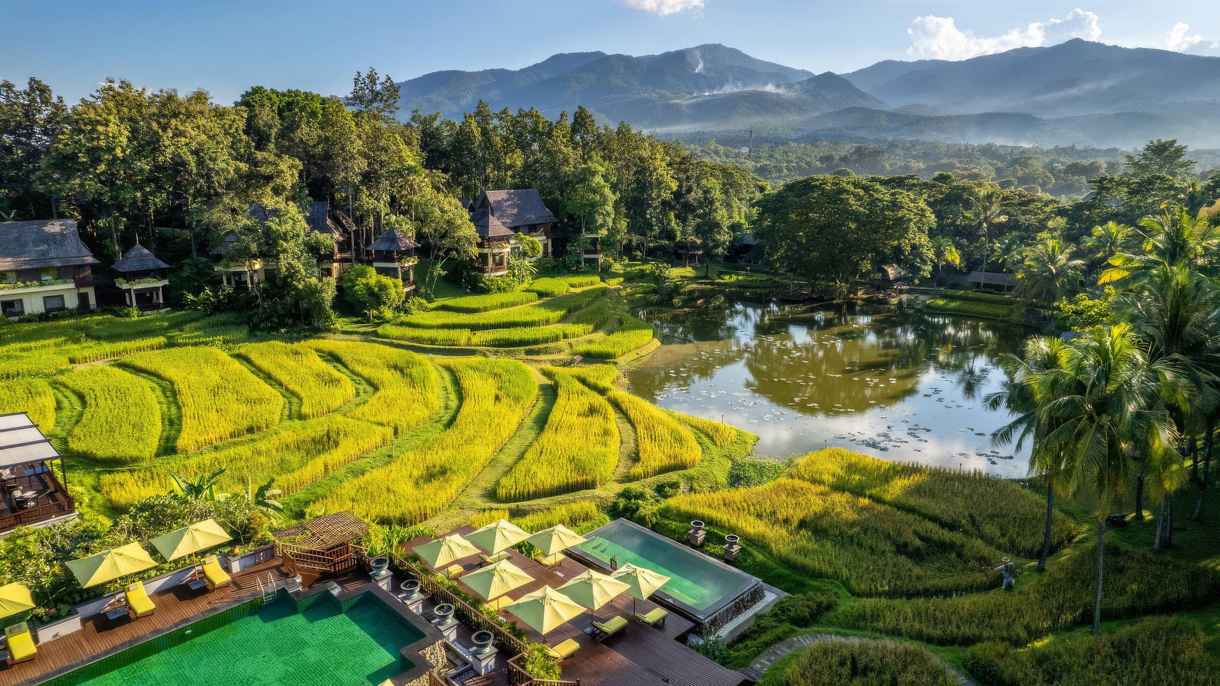 Rice terraces and pavilions from the air, Mae Rim, Chiang Mai