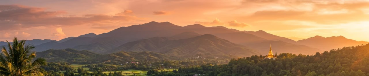 A golden chedi above the forested Chiang Mai valley at sunset, mountains layered behind
