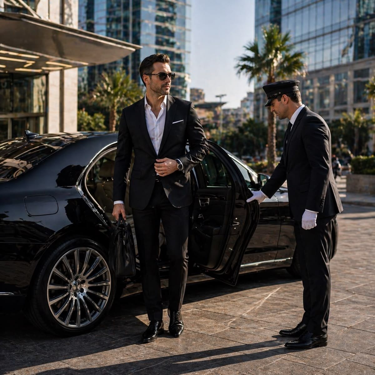 A guest met at the car by a private chauffeur holding the door